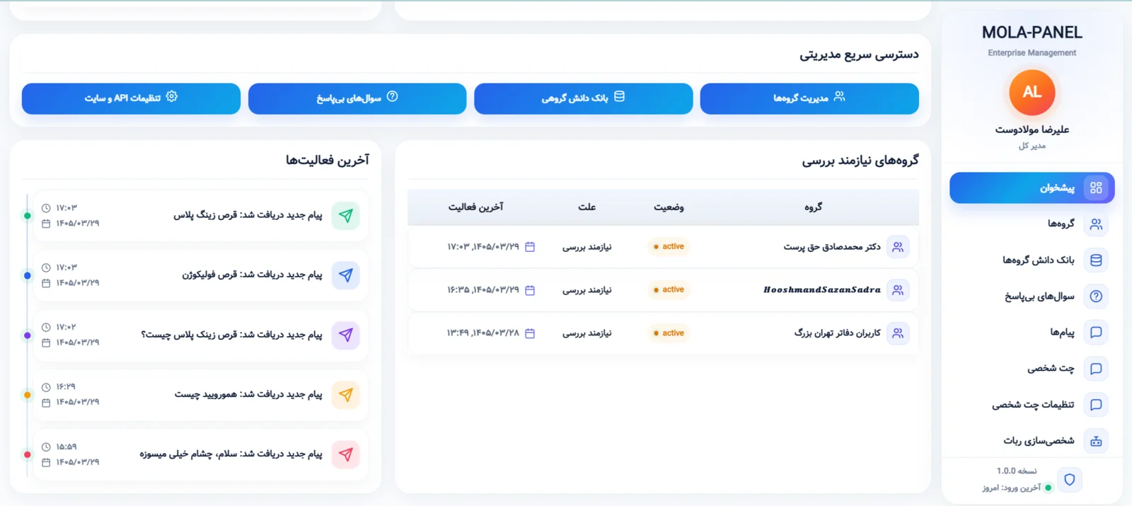فعالیت‌ها و پیام‌های واقعی پنل BAZOOT